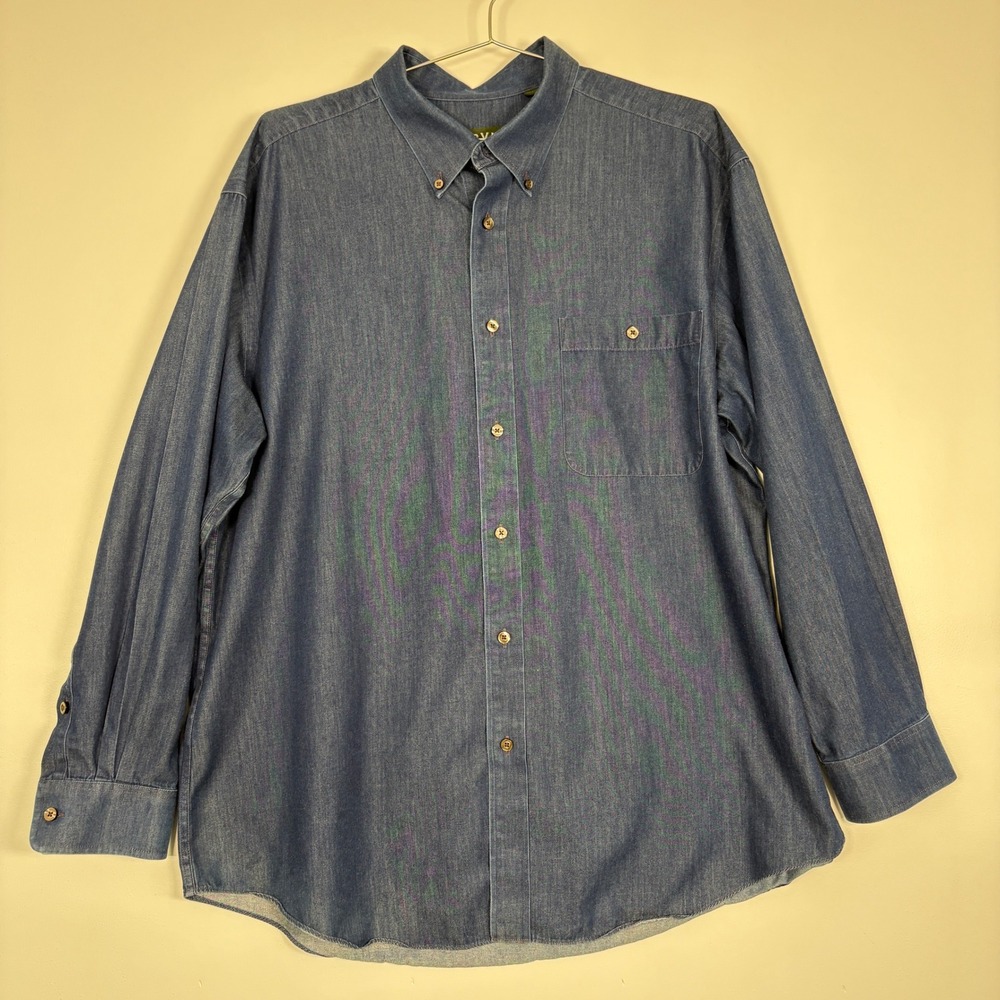 Orvis Mens Button‎ Down Shirt XL Blue Denim Long Sleeve Cotton Pocket RN70534